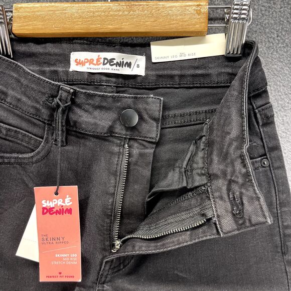 Supredenim Jeans Juniors 8 Black Distressed Skinny ultra Ripped Mid rise - Picture 6 of 15